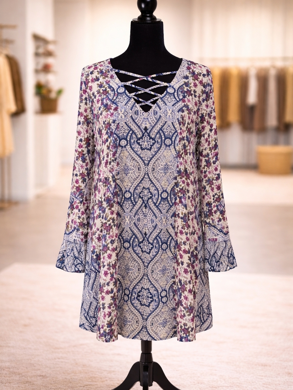 Speechless Blue and Fushia Crisscross Boho Tunic Dress